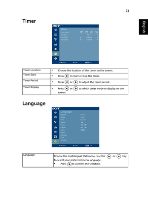 Page 3523
EnglishTimer
Language
Timer Location•Choose the location of the timer on the screen.
Timer Start
•Press   to start or stop the timer.
Timer Period
•Press   or   to adjust the timer period.
Timer Display
•Press   or   to which timer mode to display on the 
screen.
Language
Choose the multilingual OSD menu. Use the or key 
to select your preferred menu language.
•Press  to confirm the selection.
Downloaded From projector-manual.com Acer Manuals 