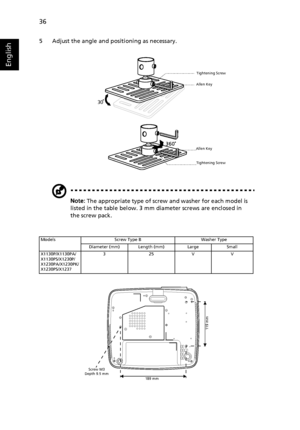 Page 4636
English
5 Adjust the angle and positioning as necessary.
Note: The appropriate type of screw and washer for each model is 
listed in the table below. 3 mm diameter screws are enclosed in 
the screw pack.
Models Screw Type B Washer Type
Diameter (mm) Length (mm) Large Small
X1130P/X1130PA/
X1130PS/X1230P/
X1230PA/X1230PK/
X1230PS/X1237325VV
30
Allen KeyTightening Screw
Allen Key
Tightening Screw
119 mm
189 mm Screw M3
Depth 9.5 mm
Downloaded From projector-manual.com Acer Manuals 