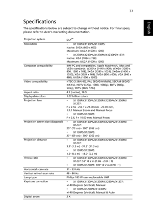 Page 4737
EnglishSpecifications
The specifications below are subject to change without notice. For final specs, 
please refer to Acers marketing documentation.
Projection system
DLP™
Resolution•X1130P/X1130PA/X1130PS:
Native: SVGA (800 x 600)
Maximum: UXGA (1600 x 1200)
•X1230P/X1230PA/X1230PK/X1230PS/X1237:
Native: XGA (1024 x 768)
Maximum: UXGA (1600 x 1200)
Computer compatibility IBM PC and compatibles, Apple Macintosh, iMac and 
VESA standards: WXGA+ (1440 x 900), WXGA (1280 x 
800, 1280 x 768), SXGA (1280...