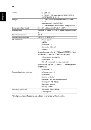 Page 4838
English
* Design and specifications are subject to change without notice.
Audio•X1130P: N/A
•X1130PA/X1130PS/X1230P/X1230PA/X1230PK/
X1230PS/X1237: 2 W x 1
Weight
•X1130P/X1130PA/X1230P/X1230PA/X1230PK/
X1237: 
Approximate 2.3 kg (5.07 lbs.)
•X1130PS/X1230PS: Approximate 2.5 kg (5.51 lbs.)
Dimensions (W x D x H) 264 x 225 x 95 mm (10.4 x 8.6 x 3.7)
Power supply Universal AC input 100 - 240 V, input frequency 50/60 
Hz
Power consumption 280 W
Operating temperature 0ºC to 35ºC / 32ºF to 95ºF
I/O...