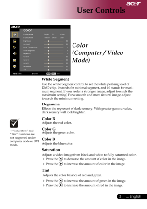 Page 23
... English
... English

User Controls

Color
(Computer / Video 
Mode)
White Segment
Use	the	white	Segment	control	to	set	the	white	peaking	level	of	
DMD	chip.	0	stands	for	minimal	segment,	and	10	stands	for	maxi-
mum	segment.	If	you	prefer	a	stronger	image,	adjust	towards	the	
maximum	setting.	For	a	smooth	and	more	natural	image,	adjust	
towards	the	minimum	setting.
Degamma
Effects	the	represent	of	dark	scenery.	With	greater	gamma	value,	
dark	scenery	will	look	brighter.
Color R...