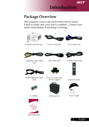 Page 7
... English

Introduction

Power	Cord	1.8mVGA	Cable	1.8m
2	x	Battery
Composite	Video	Cable	1.8m
Projector	with	lens	cap
Package Overview
This	projector	comes	with	all	the	items	shown	below.		
Check	to	make	sure	your	unit	is	complete.		Contact	your	
dealer	immediately	if	anything	is	missing.
Carrying	Case
USB	Cable	2.0m
User’s	Guide
S-Video	Cable	2.0m
Audio	Cable	Jack	/Jack	2.0mVGA	to	Component/
HDTV	Adapter
Quick	Start	Card
Remote	Control
Downloaded	From	projector-manual.com	Acer	Manuals 