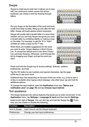 Page 1212
Swype
Swype is a fast way to enter text. It allows you to type 
with one continuous motion across the screen 
ke
yboard; you create a word by drawing through 
letters.  
 
 
Put your finger on the first letter of the word and draw 
a p
 ath from letter to letter, lifting up only after the last 
letter. Swype will insert spaces where necessary.
Swype will usually add a double letter in a word when 
needed, but you can help Swype recognize you want 
a double letter by scribbling slightly or making a...