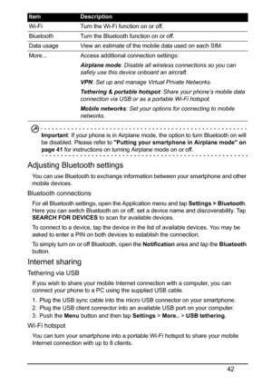 Page 4242
Important: If your phone is in Airplane mode, the option to turn Bluetooth on will 
be disabled. Please refer to Putting your smartphone in Airplane mode on 
page 41 for instructions on turning Airplane mode on or off.
Adjusting Bluetooth settings
You can use Bluetooth to exchange information between your smartphone and other 
mobile devices.
Bluetooth connections
For all Bluetooth settings, open the Application menu and tap Settings > Bluetooth. 
Here you can switch Bluetooth on or off, set a device...