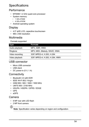 Page 5454
Specifications
Performance
• MT6589 1.2 GHz quad-core processor 
• System memory:
• 1 GB of RAM
• 4 GB of ROM
• Android operating system
Display
• 4.5 qHD LCD, capacitive touchscreen
• 960 x 540 resolution
Multimedia
Formats supported:
USB connector
• Micro USB connector
• USB client
• DC power-in (5 V, 1 A)
Connectivity
• Bluetooth 3.0 with EDR
• IEEE Wi-Fi 802.11b/g/n
• GSM 850 / 900 / 1800 / 1900 MHz
• UMTS 900 / 2100 MHz 
• HSUPA / HSDPA / GPRS / EDGE
•GPS
•aGPS
Camera
• 8 MP rear with LED flash
•...