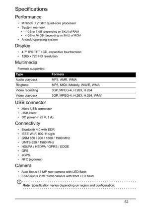 Page 5252
Specifications
Performance
• MT6589 1.2 GHz quad-core processor
• System memory:
• 1 GB or 2 GB (depending on SKU) of RAM
• 4 GB or 16 GB (depending on SKU) of ROM
• Android operating system
Display
• 4.7 IPS TFT LCD, capacitive touchscreen
• 1280 x 720 HD resolution
Multimedia
Formats supported:
USB connector
• Micro USB connector
• USB client
• DC power-in (5 V, 1 A)
Connectivity
• Bluetooth 4.0 with EDR
• IEEE Wi-Fi 802.11b/g/n
• GSM 850 / 900 / 1800 / 1900 MHz
• UMTS 850 / 1900 MHz
• HSUPA / HSDPA...