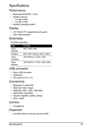 Page 4747 Specifications
Specifications
Performance
• MediaTek MT6575M, 1 GHz 
• System memory:
• 512 MB of RAM
• 512 MB of ROM
• Android operating system
Display
• 3.5 HVGA TFT, capacitive touch panel
• 320 x 480 resolution
Multimedia
Formats supported:
USB connector
• Micro USB connector
• USB client
• DC power-in (5 V, 1 A)
Connectivity
• Bluetooth 3.0 with EDR
• IEEE Wi-Fi 802.11b/g/n
• GSM 850 / 900 / 1800 / 1900 MHz
• UMTS 900 / 2100 MHz
• HSUPA / HSDPA / GPRS / EDGE
• GPS / aGPS
Camera
• 3-megapixel...