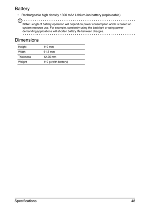 Page 4848 Specifications
Battery
• Rechargeable high density 1300 mAh Lithium-ion battery (replaceable)
Note: Length of battery operation will depend on power consumption which is based on 
system resource use. For example, constantly using the backlight or using power-
demanding applications will shorten battery life between charges.
Dimensions
Height 110 mm
Width 61.5 mm
Thickness 12.25 mm
Weight 110 g (with battery) 