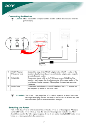 Page 5 
 
5  Connecting the Devices 
 
Caution: Make sure that the computer and the monitor are both disconnected from the 
power supply. 
 
c 
AC/DC Adapter 
With power cord Connect the plug of the AC/DC adapter to the (DC IN ) socket of the   
monitor , then be insert the power cord into the adapter and a properly 
grounded electric socket. 
d 
VGA Cable    Connect the signal cable to the VGA input socket (VGA IN) of the 
monitor , and connect the signal cable to the VGA output socket of the 
graphics card...