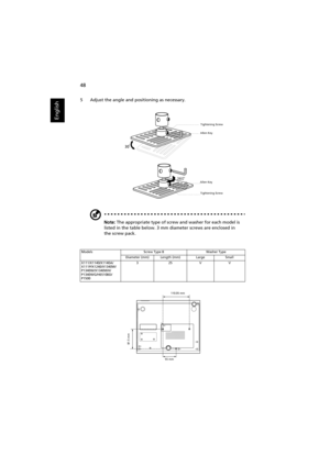 Page 5848
English
5 Adjust the angle and positioning as necessary.
Note: The appropriate type of screw and washer for each model is 
listed in the table below. 3 mm diameter screws are enclosed in 
the screw pack.
Models Screw Type B Washer Type
Diameter (mm) Length (mm) Large Small
X111/X1140/X1140A/
X111P/X1240/X1340W/
P1340W/X1340WH/
P1340WG/H6510BD/
P1500325VV
30
Allen KeyTightening Screw
Allen Key
Tightening Screw
110.05 mm
81.5 mm
55 mm 