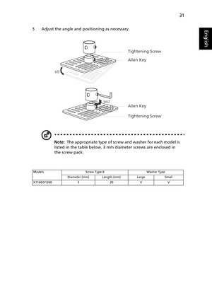 Page 4331
English5 Adjust the angle and positioning as necessary.
Note:  The appropriate type of screw and washer for each model is 
listed in the table below. 3 mm diameter screws are enclosed in 
the screw pack.
Models Screw Type B Washer Type
Diameter (mm) Length (mm) Large Small
X1160/X1260 3 20 V V
Tightening Screw
Allen Key
Allen Key
Tightening Screw 