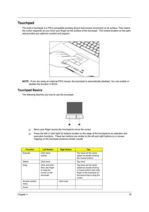 Page 27Chapter 119
Touchpad
The built-in touchpad is a PS/2-compatible pointing device that senses movement on its surface. This means 
the cursor responds as you move your finger on the surface of the touchpad.  The central location on the palm 
rest provides you optimum comfort and support.
NOTE:  If you are using an external PS/2 mouse, the touchpad is automatically disabled. You can enable or 
disable this function in BIOS.
Touchpad Basics
The following teaches you how to use the touchpad:
❑Move your finger...