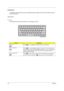 Page 2112Chapter 1
Ke y b o a r d
The keyboard has full-sized keys and an embedded keypad, separate cursor keys, two Windows keys and 
twelve function keys.
Special keys
Lock keys
The keyboard has three lock keys which you can toggle on and off.
Lock keyDescription
Caps Lock
@
When @is on, all alphabetic characters typed are in uppercase.
Num Lock (Fn-F11)
]
When ] is on, the embedded keypad is in numeric mode. The keys function 
as a calculator (complete with the arithmetic operators ), -, *, and /). Use this...