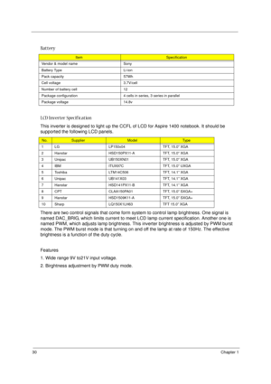 Page 3630Chapter 1
  
 
There are two control signals that come form system to control lamp brightness. One signal is 
named DAC_BRIG, which limits current to meet LCD lamp current specification. Another one is 
named PWM, which adjusts lamp brightness. This inverter brightness is adjusted by PWM burst 
mode. The PWM burst mode is that turning on and off the lamp at rate of 150Hz. The effective 
brightness is a function of the duty cycle.
Features
1. Wide range 9V to21V input voltage.
2. Birghtness adjustment...