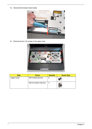 Page 6858Chapter 3
5.Disconnect the button board cable.
6.Remove the ten (10) screws in the upper cover.
StepScrewQuantityScrew Type.
Upper Cover M2*5 (Red Call Out) 6
M2*2.5 (Green Call Out) 4 