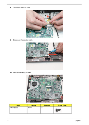 Page 8474Chapter 3
8.Disconnect the LCD cable.
9.Disconnect the speaker cable.
10.Remove the two (2) screws.
StepScrewQuantityScrew Type.
Main Board M2*4 2 