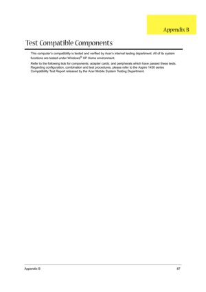 Page 101Appendix B87
This computer’s compatibility is tested and verified by Acer’s internal testing department. All of its system 
functions are tested under Windows® XP Home environment. 
Refer to the following lists for components, adapter cards, and peripherals which have passed these tests. 
Regarding configuration, combination and test procedures, please refer to the Aspire 1450 series 
Compatibility Test Report released by the Acer Mobile System Testing Department.
Test Compatible Components
Appendix B 