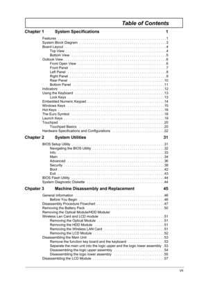 Page 7VII
Table of Contents
Chapter 1 System Specifications  1
Features  . . . . . . . . . . . . . . . . . . . . . . . . . . . . . . . . . . . . . . . . . . . . . . . . . . . . . . . . 1
System Block Diagram  . . . . . . . . . . . . . . . . . . . . . . . . . . . . . . . . . . . . . . . . . . . . . 3
Board Layout   . . . . . . . . . . . . . . . . . . . . . . . . . . . . . . . . . . . . . . . . . . . . . . . . . . . . 4
Top View  . . . . . . . . . . . . . . . . . . . . . . . . . . . . . . . . . . . . . . . . . ....