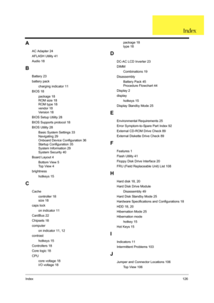 Page 135Index126
A
AC Adapter 24
AFLASH Utility 41
Audio 18
B
Battery 23
battery pack
charging indicator 11
BIOS 18
package 18
ROM size 18
ROM type 18
vendor 18
Ve r s i o n  1 8
BIOS Setup Utility 28
BIOS Supports protocol 18
BIOS Utility 28
Basic System Settings 33
Navigating 29
Onboard Device Configuration 36
Startup Configuration 35
System Information 29
System Security 40
Board Layout 4
Bottom View 5
Top View 4
brightness
hotkeys 15
C
Cache
controller 18
size 18
caps lock
on indicator 11
CardBus 22
Chipsets...