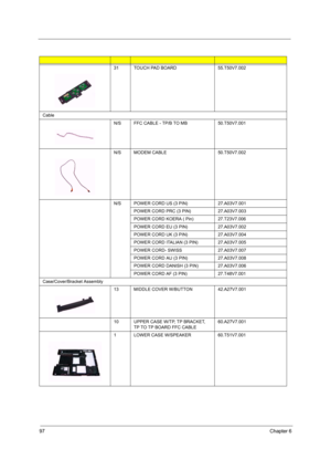 Page 10797Chapter 6
31 TOUCH PAD BOARD 55.T50V7.002
Cable
N/SFFC CABLE - TP/B TO MB50.T50V7.001
N/SMODEM CABLE50.T50V7.002
N/SPOWER CORD US (3 PIN)27.A03V7.001
POWER CORD PRC (3 PIN)27.A03V7.003
POWER CORD KOERA ( Pin)27.T23V7.006
POWER CORD EU (3 PIN)27.A03V7.002
POWER CORD UK (3 PIN)27.A03V7.004
POWER CORD ITALIAN (3 PIN)27.A03V7.005
POWER CORD- SWISS 27.A03V7.007
POWER CORD AU (3 PIN)27.A03V7.008
POWER CORD DANISH (3 PIN)27.A03V7.006
POWER CORD AF (3 PIN)27.T48V7.001
Case/Cover/Bracket Assembly
13MIDDLE COVER...