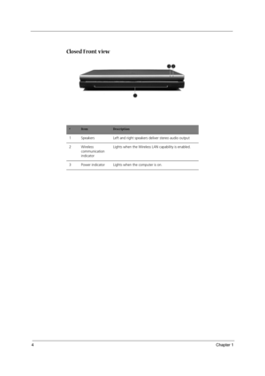 Page 134Chapter 1
Closed Front view 
#ItemDescription
1 Speakers Left and right speakers deliver stereo audio output
2 Wireless  
communication 
indicatorLights when the Wireless LAN capability is enabled.
3 Power indicator Lights when the computer is on. 