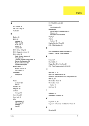 Page 117Index1
A
AC Adapter 29
AFLASH Utility 44
Audio 22
B
Battery 28
BIOS 22
     package 22
     ROM size 22
     ROM type 22
     vendor 22
     Version 22
BIOS Setup Utility 32
BIOS Supports protocol 22
BIOS Utility 32
     Basic System Settings 37
     Navigating 33
     Onboard Device Configuration 39
     Startup Configuration 38
     System Information 33
     System Security 43
Board Layout 5
     Bottom View 7, 84
     Top View 5, 83
brightness
     hotkeys 18
C
Cache
     controller 22
     size 22...