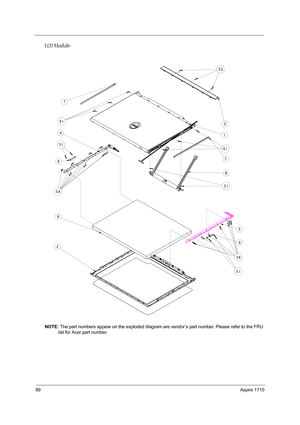 Page 9889Aspire 1710
LCD Module
NOTE: The part numbers appear on the exploded diagram are vendor’s part number. Please refer to the FRU 
list for Acer part number. 