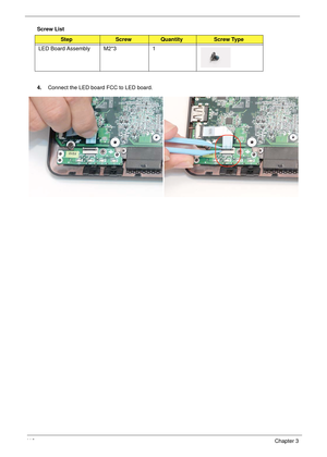 Page 12211 2Chapter 3
Screw List
4.Connect the LED board FCC to LED board.
StepScrewQuantityScrew Type
LED Board Assembly M2*3 1 