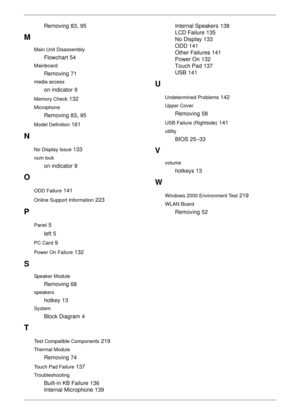 Page 236226
Removing 83, 95
M
Main Unit Disassembly
Flowchart 54
Mainboard
Removing 71
media access
on indicator 9
Memory Check 132
Microphone
Removing 83, 95
Model Definition 161
N
No Display Issue 133
num lock
on indicator 9
O
ODD Failure 141
Online Support Information 223
P
Panel 5
left
 5
PC Card 9
Power On Failure 132
S
Speaker Module
Removing 68
speakers
hotkey 13
System
Block Diagram 4
T
Test Compatible Components 219
Thermal Module
Removing 74
Touch Pad Failure 137
Troubleshooting
Built-in KB Failure...