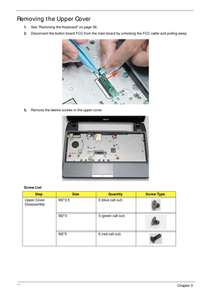 Page 6858Chapter 3
Removing the Upper Cover
1.See “Removing the Keyboard” on page 56.
2.Disconnect the button board FCC from the main board by unlocking the FCC cable and pulling away.
3.Remove the twelve screws in the upper cover.
Screw List 
StepSizeQuantityScrew Type
Upper Cover 
DisassemblyM2*2.5 3 (blue call out)
M2*3 3 (green call out)
M2*5 6 (red call out) 