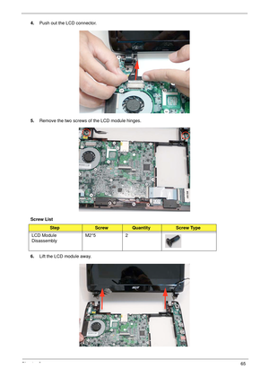 Page 75Chapter 365
4.Push out the LCD connector.
5.Remove the two screws of the LCD module hinges.
Screw List
6.Lift the LCD module away.
StepScrewQuantityScrew Type
LCD Module 
DisassemblyM2*5 2 