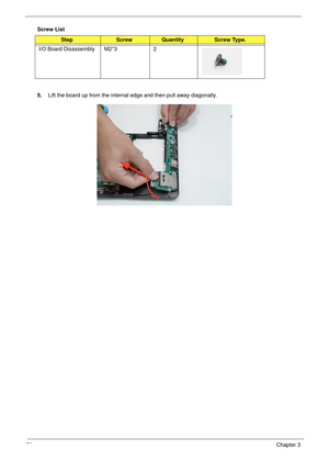 Page 8070Chapter 3
Screw List
5.Lift the board up from the internal edge and then pull away diagonally.
StepScrewQuantityScrew Type.
I/O Board Disassembly M2*3 2 