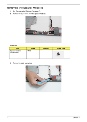 Page 8676Chapter 3
Removing the Speaker Modules
1.See “Removing the Mainboard” on page 71.
2.Remove the four screws from the speaker modules.
Screw List
3.Remove the black foam piece.
StepScrewQuantityScrew Type
Speaker Module 
DisassemblyM2*3 4 