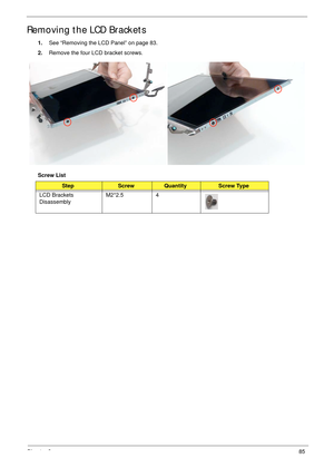 Page 95Chapter 385
Removing the LCD Brackets
1.See “Removing the LCD Panel” on page 83.
2.Remove the four LCD bracket screws.
Screw List
StepScrewQuantityScrew Type
LCD Brackets 
DisassemblyM2*2.5 4 