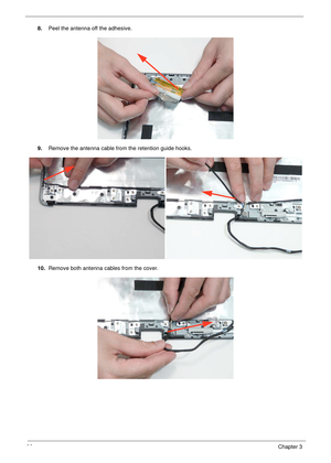 Page 10696Chapter 3
8.Peel the antenna off the adhesive.
9.Remove the antenna cable from the retention guide hooks.
10.Remove both antenna cables from the cover. 