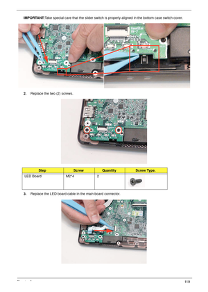 Page 129Chapter 311 9
IMPORTANT:Take special care that the slider switch is properly aligned in the bottom case switch cover.
2.Replace the two (2) screws.
3.Replace the LED board cable in the main board connector.
StepScrewQuantityScrew Type.
LED Board M2*4 2 