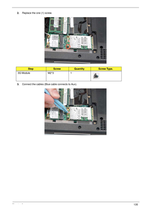 Page 145Chapter 3135
2.Replace the one (1) screw.
3.Connect the cables (Blue cable connects to Aux).
StepScrewQuantityScrew Type.
3G Module M2*3 1 