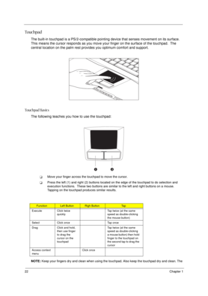 Page 2822Chapter 1
Touchpad
The built-in touchpad is a PS/2-compatible pointing device that senses movement on its surface. 
This means the cursor responds as you move your finger on the surface of the touchpad.  The 
central location on the palm rest provides you optimum comfort and support.
Touchpad Basics
The following teaches you how to use the touchpad:
!Move your finger across the touchpad to move the cursor. 
!Press the left (1) and right (2) buttons located on the edge of the touchpad to do selection...