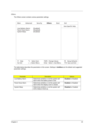 Page 51Chapter 245
Others
The Others screen contains various parameter settings.
The table below describes the parameters in this screen. Settings in boldface are the default and suggested 
parameter settings.
ParameterDescriptionOptions
Low Battery Alarm Determines whether or not the system will 
alarm when the battery power is low.Enabled or Disabled
Panel Close Alarm Determines whether or not the system will 
alarm when the display cover is closed.Enabled or Disabled
System Beep Determines whether or not the...