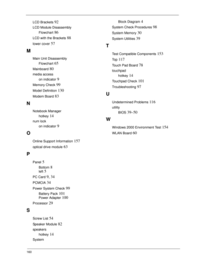 Page 170160
LCD Brackets 92
LCD Module Disassembly
Flowchart
 86
LCD with the Brackets 88
lower cover 57
M
Main Unit Disassembly
Flowchart
 65
Mainboard 80
media access
on indicator
 9
Memory Check 99
Model Definition 130
Modem Board 83
N
Notebook Manager
hotkey
 14
num lock
on indicator
 9
O
Online Support Information 157
optical drive module 63
P
Panel 5
Bottom 8
left 5
PC Card 9, 34
PCMCIA 34
Power System Check 99
Battery Pack 101
Power Adapter 100
Processor 29
S
Screw List 54
Speaker Module 82
speakers...