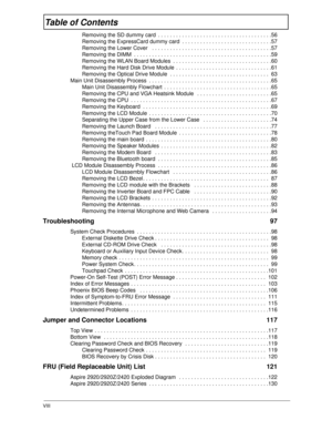 Page 8VIII
Table of Contents
Removing the SD dummy card  . . . . . . . . . . . . . . . . . . . . . . . . . . . . . . . . . . . . . .56
Removing the ExpressCard dummy card  . . . . . . . . . . . . . . . . . . . . . . . . . . . . . .57
Removing the Lower Cover   . . . . . . . . . . . . . . . . . . . . . . . . . . . . . . . . . . . . . . . .57
Removing the DIMM  . . . . . . . . . . . . . . . . . . . . . . . . . . . . . . . . . . . . . . . . . . . . . .59
Removing the WLAN Board Modules  . . . . . . . . . . . . ....