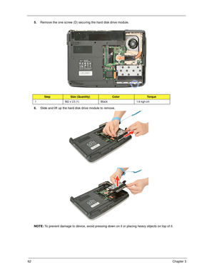 Page 7262Chapter 3
5.Remove the one screw (D) securing the hard disk drive module. 
6.Slide and lift up the hard disk drive module to remove.  
NOTE: To prevent damage to device, avoid pressing down on it or placing heavy objects on top of it. 
StepSize (Quantity)ColorTo r q u e
1 M2 x L5 (1) Black 1.6 kgf-cm 