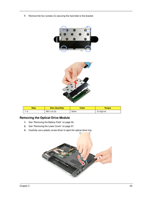 Page 73Chapter 363
7.Remove the four screws (C) securing the hard disk to the bracket. 
Removing the Optical Drive Module
1.See “Removing the Battery Pack” on page 56.
2.See “Removing the Lower Cover” on page 57.
3.Carefully use a plastic screw driver to eject the optical drive tray. 
StepSize (Quantity)ColorTo r q u e
1~4 M3 x L4 (4) Silver 3.0 kgf-cm 