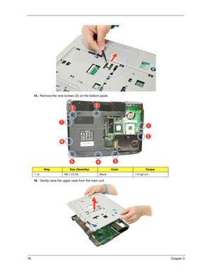 Page 8676Chapter 3
15.Remove the nine screws (D) on the bottom panel. 
16.Gently raise the upper case from the main unit. 
StepSize (Quantity)ColorTo r q u e
1~9 M2 x L5 (9) Black 1.6 kgf-cm 