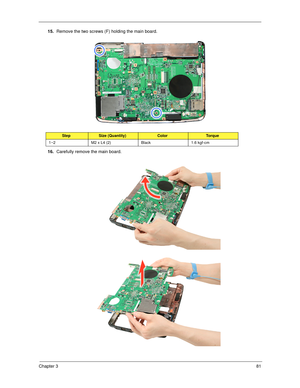 Page 91Chapter 381
15.Remove the two screws (F) holding the main board. 
16.Carefully remove the main board.  
StepSize (Quantity)ColorTo r q u e
1~2 M2 x L4 (2) Black 1.6 kgf-cm 