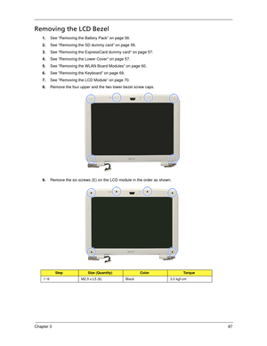 Page 97Chapter 387
Removing the LCD Bezel
1.See “Removing the Battery Pack” on page 56.
2.See “Removing the SD dummy card” on page 56.
3.See “Removing the ExpressCard dummy card” on page 57.
4.See “Removing the Lower Cover” on page 57.
5.See “Removing the WLAN Board Modules” on page 60.
6.See “Removing the Keyboard” on page 69.
7.See “Removing the LCD Module” on page 70.
8.Remove the four upper and the two lower bezel screw caps. 
9.Remove the six screws (E) on the LCD module in the order as shown. 
StepSize...