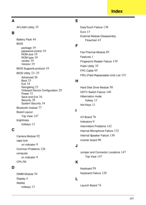 Page 247237
A
AFLASH Utility 35
B
Battery Pack 44
BIOS
package
 19
password control 19
ROM size 19
ROM type 19
vendor 19
Version 19
BIOS Supports protocol 19
BIOS Utility 23–35
Advanced 26
Boot 33
Exit 34
Navigating 23
Onboard Device Configuration 29
Power 31
Save and Exit 34
Security 28
System Security 34
Bluetooth module 77
Board Layout
Top View
 147
brightness
hotkeys
 13
C
Camera Module 92
caps lock
on indicator
 9
Common Problems 126
computer
on indicator
 9
CPU 86
D
DIMM Module 54
Display 4
display...