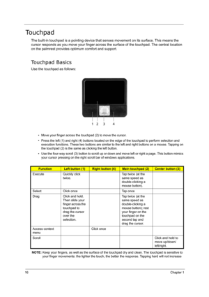 Page 2516Chapter 1
Touchpad
The built-in touchpad is a pointing device that senses movement on its surface. This means the 
cursor responds as you move your finger across the surface of the touchpad. The central location 
on the palmrest provides optimum comfort and support.
Touchpad Basics
Use the touchpad as follows:
• Move your finger across the touchpad (2) to move the cursor.
• Press the left (1) and right (4) buttons located on the edge of the touchpad to perform selection and 
execution functions. These...