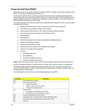 Page 6963Chapter 4
Power-On Self-Test (POST)
Each time you turn on the system, the Power-on Self Test (POST) is initiated. Several items are tested during 
POST, but is for the most part transparent to the user.
The Power-On Self Test (POST) is a BIOS procedure that boots the system, initializes and diagnoses the 
system components, and controls the operation of the power-on password option. If POST discovers errors in 
system operations at power-on, it displays error messages on screen, generates a check point...