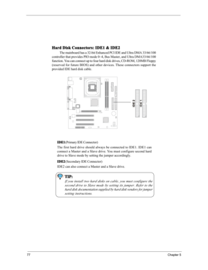 Page 8377Chapter 5
Hard Disk Connectors: IDE1 & IDE2
The mainboard has a 32-bit Enhanced PCI IDE and Ultra DMA 33/66/100
controller that provides PIO mode 0~4, Bus Master, and Ultra DMA33/66/100
function. You can connect up to four hard disk drives, CD-ROM, 120MB Floppy
(reserved for future BIOS) and other devices. These connectors support the
provided IDE hard disk cable.
IDE1 (Primary IDE Connector)
The first hard drive should always be connected to IDE1. IDE1 can
connect a Master and a Slave drive. You must...